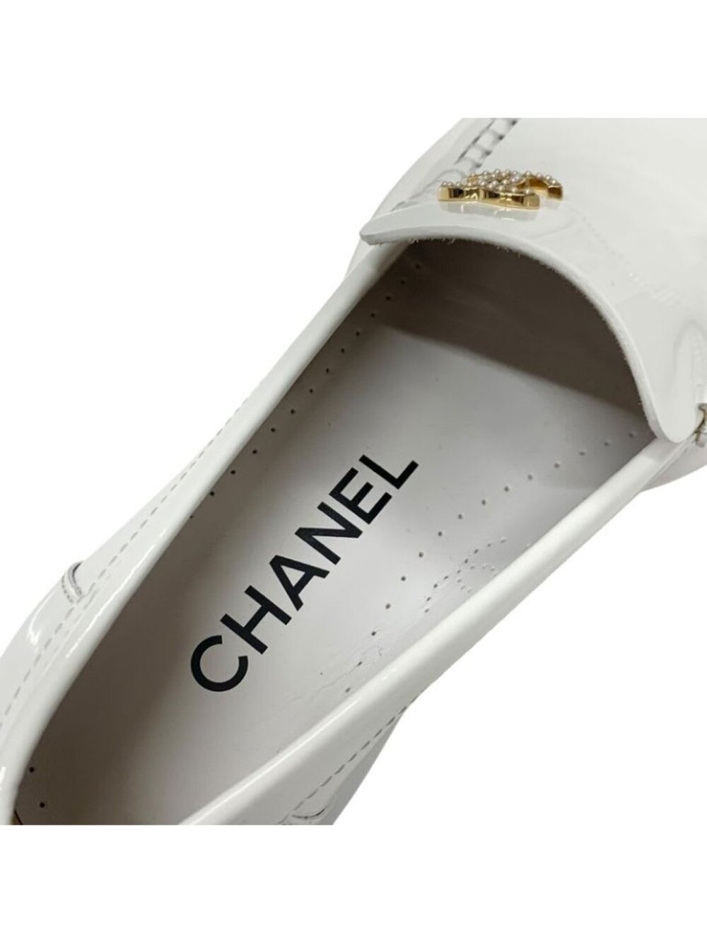 Chanel Loafers Leather Shoes Patent White Gold Coco Mark Pearl - Picture 7 of 10